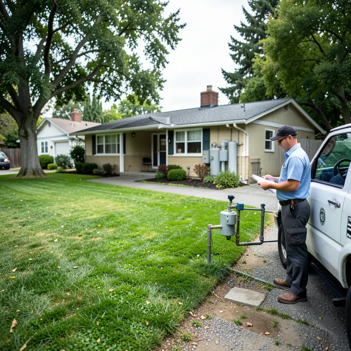 Technician by a service van outside a 1950s ranch home
