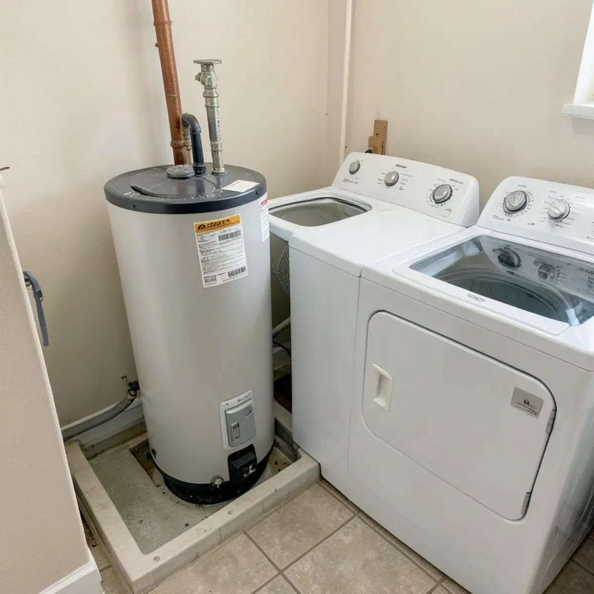 Water heater with a drain pan in a small laundry room
