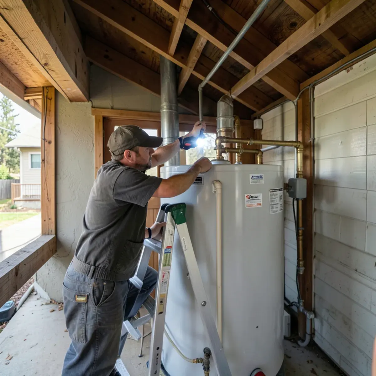 Technician checking a water heater vent at the attic