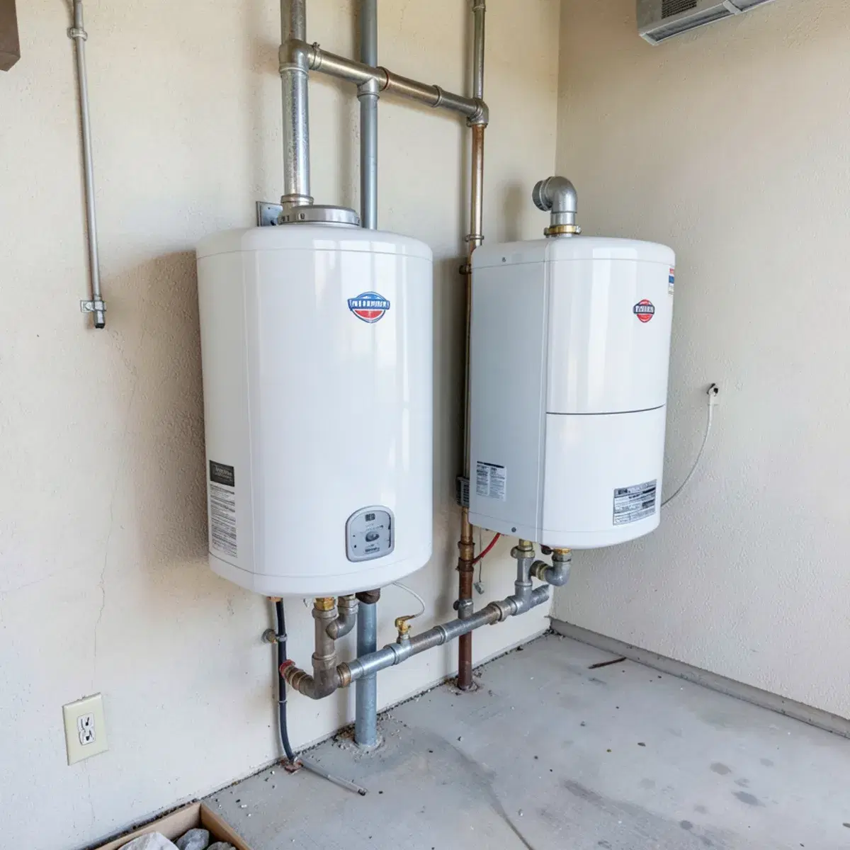 Two tankless water heaters installed side by side