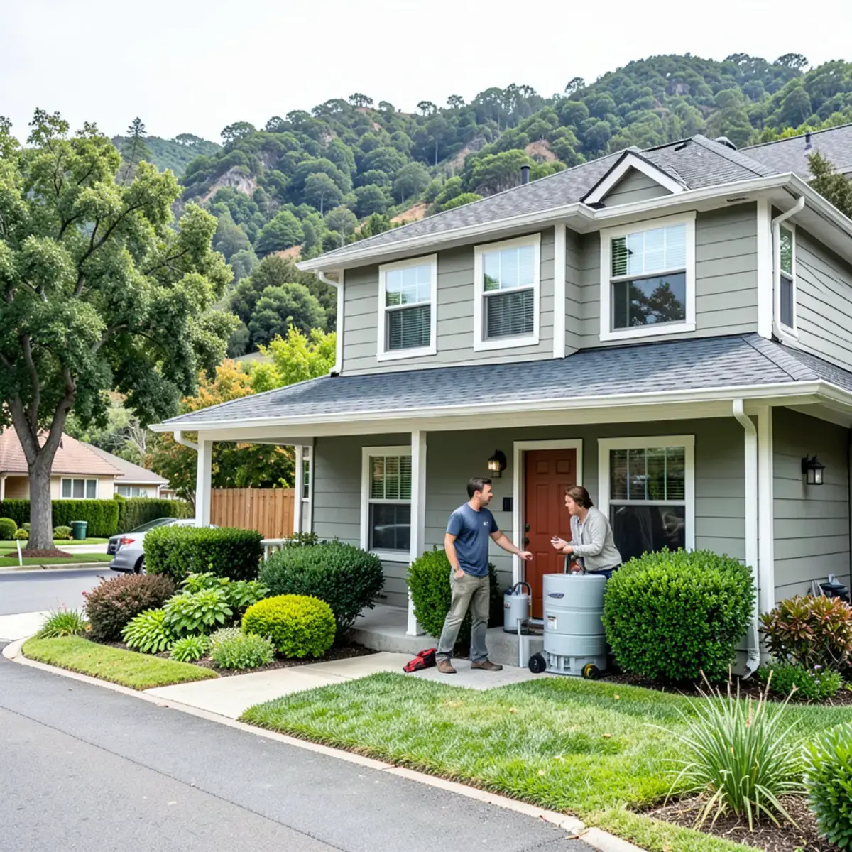 Plumber talking with a homeowner at an upscale two-story home