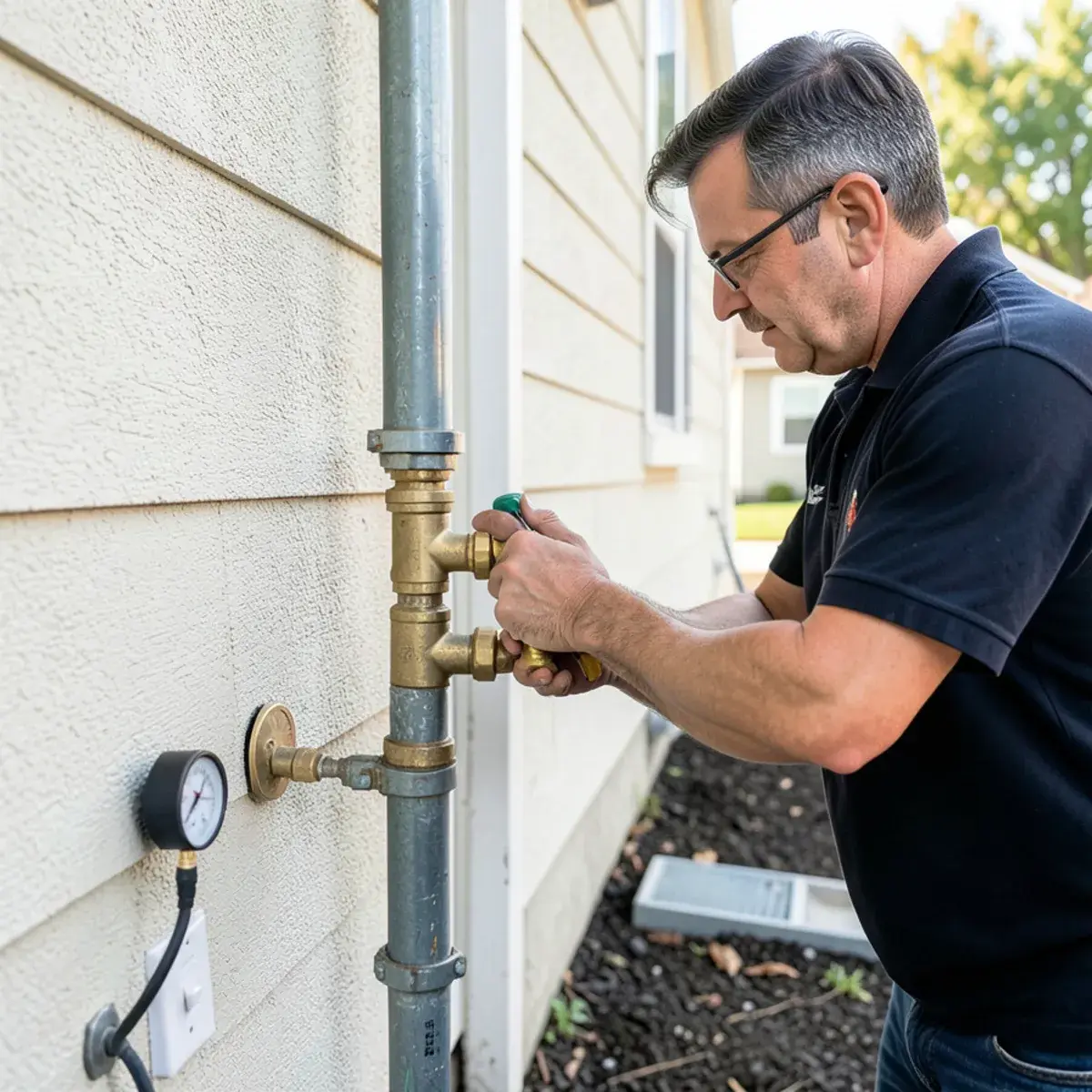 Plumber installing a pressure-reducing valve on a main water line