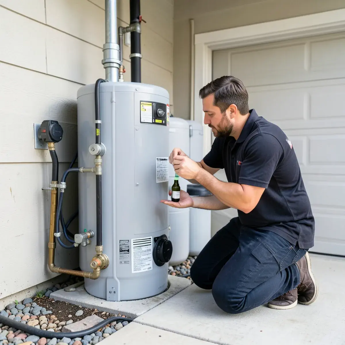 Technician testing water beside a whole-house water softener