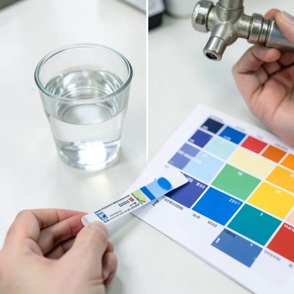 Water hardness test strip beside a color chart